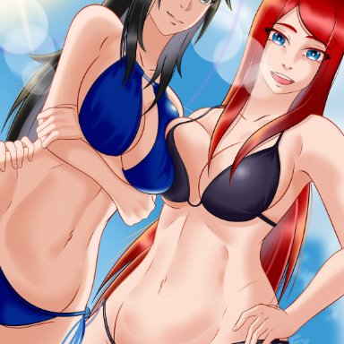 naruto, naruto (series), naruto shippuden, uchiha mikoto, uzumaki kushina, eyk01, 2girls, arms under breasts, asymmetrical docking, bare arms, bare legs, bare midriff, bare shoulders, bare thighs, big breasts