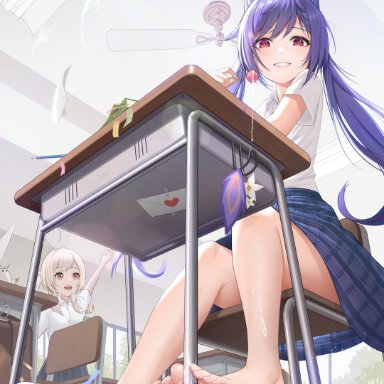 genshin impact, keqing (genshin impact), yuhang, bare legs, barefoot, blush, drool, eyebrows visible through hair, foot fetish, foot focus, legs, light skin, lollipop, looking down, purple hair