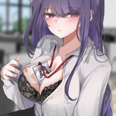 genshin impact, raiden shogun, dolechan, 1girls, breasts, cleavage, female, female only, large breasts, office lady, purple eyes, purple hair, solo, absurdres, highres