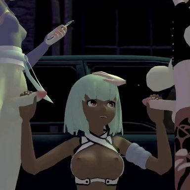 rwby, emerald sustrai, ruby rose, weiss schnee, nyah smut corner, 1girls, 2futas, bottomless, breast grab, breasts, cowgirl position, dark-skinned female, double handjob, double penetration, female