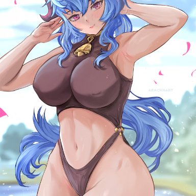 genshin impact, ganyu (genshin impact), arachnart, 1girls, ahoge, armpits, arms behind head, arms up, blue hair, breasts, female, female only, hips, horns, large breasts