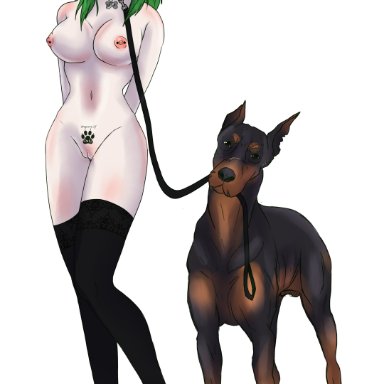 reganblair666, 1boy, 1girls, big titty goth, black lipstick, blue eyes, blush, boots, boots only, canine, collar, doberman, feral, goth, green hair