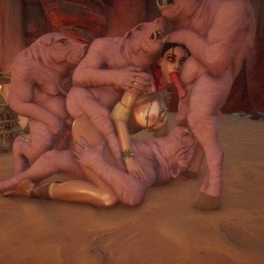 wildlife (video game), menna(locoraptus), locoraptus, 1girls, 4boys 1girl, 4monsters, anal, anal penetration, anal sex, blowjob, close up, cowgirl position, double anal, double penetration, elf