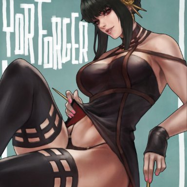 spy x family, yor briar, monorirogue, 1girls, black hair, dress, female only, looking at viewer, panties, red eyes, solo, thighhighs, thighs, wide hips, absurd res