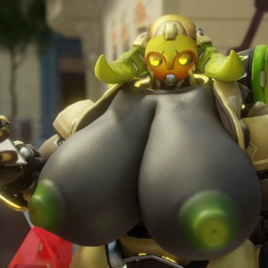 blizzard entertainment, overwatch, orisa, snips456, 1futa, animal genitalia, areolae, balls, balls expansion, bracing, breasts, cum, ejaculation, erection, futa only