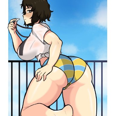 persona, persona 5, sadayo kawakami, big ass, large breasts, older female, swimsuit, t-shirt, teacher, thick thighs