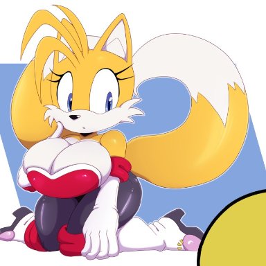 sega, sonic (series), rouge the bat, rouge the bat (cosplay), tails, bigdon1992, 2 tails, anthro, big breasts, blue body, blue fur, breasts, canid, canine, cleavage