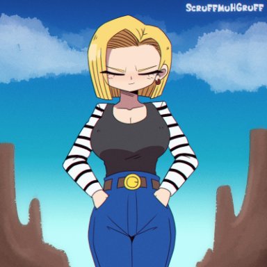 dragon ball, android 18, scruffmuhgruff, blush, ripped clothing, animated, color, colored, gif, tagme