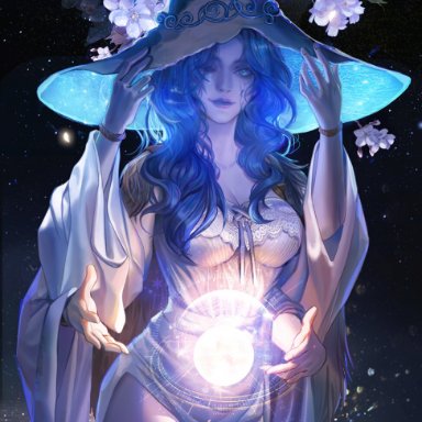 elden ring, fromsoftware, ranni the witch, fan yang, 1girls, 4 arms, big breasts, blue eyes, blue skin, cleavage, exposed legs, female, female only, hat, magic