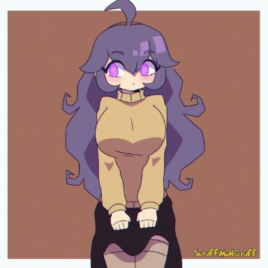 nintendo, pokemon, hex maniac, scruffmuhgruff, 1girls, breasts, female, female only, flashing, huge breasts, human, human only, purple eyes, purple hair, solo