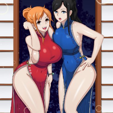 new year, one piece, nami, nico robin, coresix, 2girls, big breasts, chinese clothes, sideboob, thick thighs