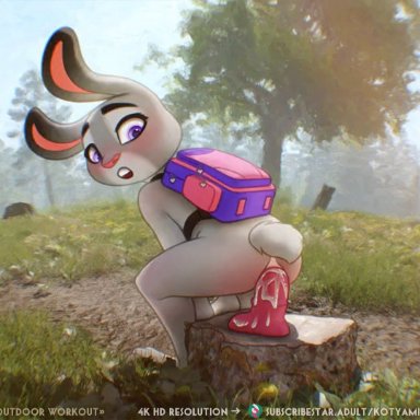 disney, zootopia, judy hopps, kotyami, 1girls, anal, anal juice, anal masturbation, anal object insertion, anal penetration, anthro, ass, backpack, dildo, dildo in ass