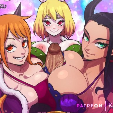 one piece, carrot (one piece), nami, nico robin, kameseru, 1boy, 3girls, looking at viewer, paizuri, pov, titjob, triple paizuri