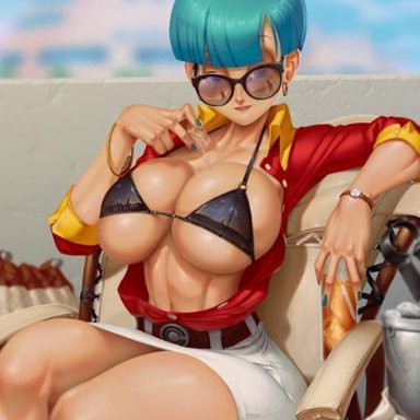 dragon ball, bulma briefs, taboolicious, abs, belly button, big breasts, bikini top, blue hair, breasts, busty, daytime, eyewear, hourglass figure, ice cube, latex