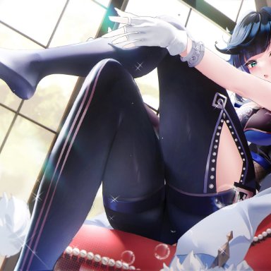 genshin impact, yelan (genshin impact), fantongjun, 1girls, big breasts, blue hair, feet, female, female only, gloves, green eyes, large breasts, legs, looking at viewer, short hair