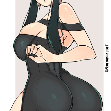 spy x family, yor briar, kuromaru, 1girls, ass, black hair, blush, breasts, dress, female, female only, large breasts, looking at viewer, looking back, red eyes