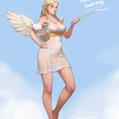 tarakanovich, 1futa, angel, angel wings, areolae, balls, big breasts, blonde hair, breasts, clothed, clothing, flaccid, flaccid penis, full body, fully clothed