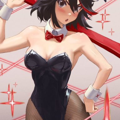 kill la kill, matoi ryuuko, athenawyrm, 1girls, ass visible through thighs, blush, bowtie, bunny ears, bunnysuit, cleavage, female, female only, fishnet legwear, fishnets, light-skinned female