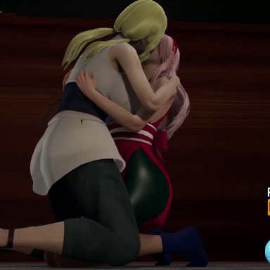 honey select 2, naruto, naruto (classic), naruto (series), sakura haruno, tsunade, blonde hair, female, fully clothed, futa on female, futanari, kissing, lesbian, pink hair, shemale