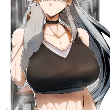 arknights, saria (arknights), gin moku, abs, big breasts, choker, cleavage, curvy, demon girl, huge breasts, looking at viewer, mature female, midriff, muscular, muscular female