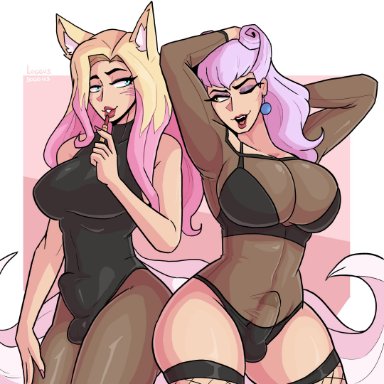 k/da all out series, k/da series, league of legends, ahri, evelynn, k/da ahri, k/da all out ahri, k/da all out evelynn, k/da evelynn, loggus doggus, applying lipstick, applying makeup, blonde hair, blue eyes, bulge