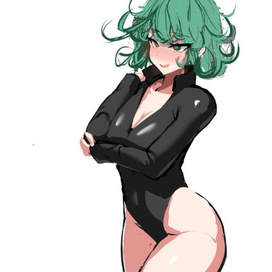 one-punch man, tatsumaki, 9is, 1girls, blush, breasts, cleavage, female, female only, green eyes, green hair, solo, thighs, white background, wide hips