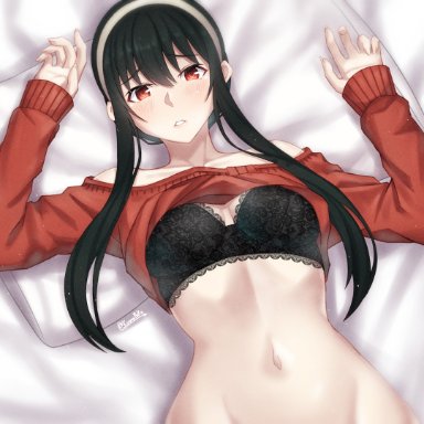 spy x family, yor briar, bed sheet, black bra, black hair, blush, bra, breasts, clothes lift, female, female only, hairband, kumapako, long sleeves, looking at viewer