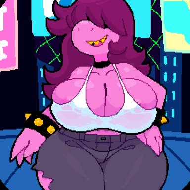 deltarune, susie (deltarune), somescrub, 1girls, anthro, big breasts, breasts, bursting breasts, choker, city, cleavage, clothing, dinosaur, female, female only