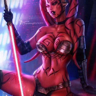 star wars, star wars: legacy, star wars legends, darth talon, twi'lek, sun khamunaki, 1girls, breasts, female, female only, female solo, lightsaber, partially clothed, partially clothed female, red lightsaber