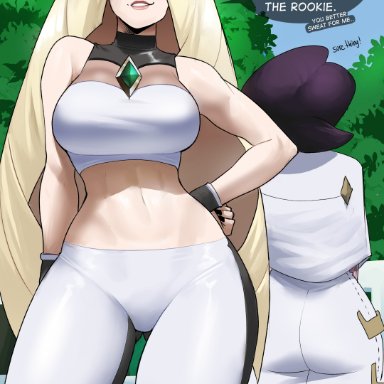 nintendo, pokemon, pokemon sm, lusamine (pokemon), wicke (pokemon), echosaber, 2girls, alternate breast size, blonde hair, breasts, female, green eyes, hand on hip, hips, huge breasts