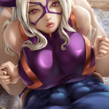 my hero academia, kamui woods, mount lady, supullim, 1boy, 1girls, abs, blush, huge breasts, nipples