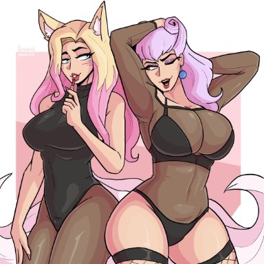 k/da all out series, k/da series, league of legends, ahri, evelynn, k/da ahri, k/da all out ahri, k/da all out evelynn, k/da evelynn, loggus doggus, applying lipstick, applying makeup, blonde hair, blue eyes, fishnets