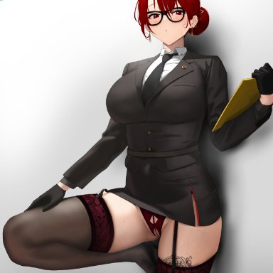 grand theft auto, grand theft auto v, nopixel, mary mushkin, tagme (artist), against wall, big breasts, blush, business suit, business woman, clipboard, crotchless panties, earrings, freckles, glasses