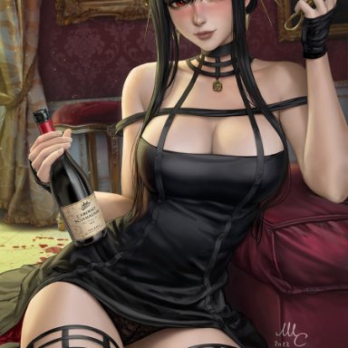 spy x family, yor briar, sciamano240, 1girls, black clothing, black hair, blush, breasts, female, female only, hair ornament, hips, holding object, indoors, large breasts