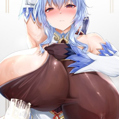 genshin impact, ganyu (genshin impact), chomikuplus, 1girls, ahoge, alternate breast size, arm behind head, arm up, armpits, blue hair, blush, bodystocking, breasts, embarrassed, female