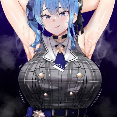 hololive, hoshimachi suisei, tnolize, 1girls, armpits, arms behind head, arms up, asymmetrical hair, blue eyes, blue hair, blush, breasts, clothed, clothed female, female