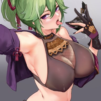 genshin impact, kuki shinobu, loooyd, 1girls, blush, breasts, clothed, clothed female, female, female only, green hair, hips, huge breasts, looking at viewer, medium hair