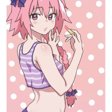 fate/apocrypha, fate (series), astolfo (fate), meme50, 1boy, ass, back, bare arms, bare shoulders, blush, bow, braid, butt crack, clothing, cosmetics