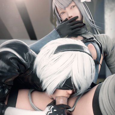 nier, nier: automata, nier replicant, kaine (nier), yorha 2b, red404, 1futa, 1girls, areolae, balls, big penis, blindfold, breasts, erect penis, erection