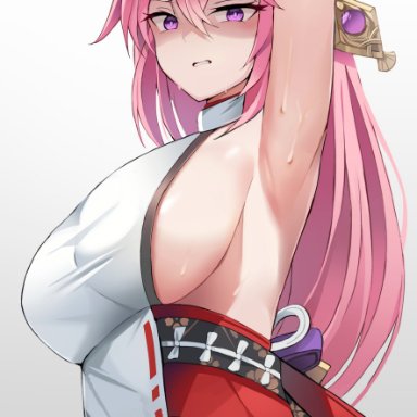 genshin impact, yae miko, t373412, armpit, armpit fetish, armpits, disgusted, disgusted look, female, female only, large breasts, pink hair, purple eyes, solo, solo female