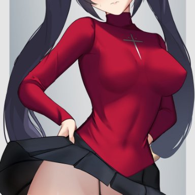 fate/zero, fate (series), genshin impact, mona (genshin impact), tohsaka rin, tohsaka rin (cosplay), hioyami, 1girls, black hair, black panties, blush, breasts, cosplay, embarrassed, female