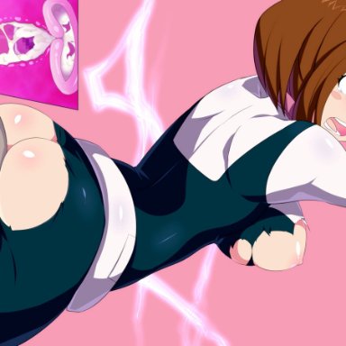 my hero academia, ochako uraraka, animankan, 1girls, bad end, bending over, bent over, blush, bob cut, bodysuit, brown hair, captured, crying, cum in pussy, cum in uterus