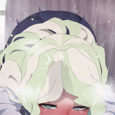 little witch academia, diana cavendish, mizumizuni, 1boy, blue eyes, blush, deepthroat, erection, fellatio, female, heart, heart-shaped pupils, light green hair, long hair, multicolored hair