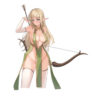 copyright request, aqua eyes, arm up, armpits, arrow (projectile), bangs, bare shoulders, blonde hair, blush, bow (weapon), braid, breasts, cleavage, closed mouth, cropped legs