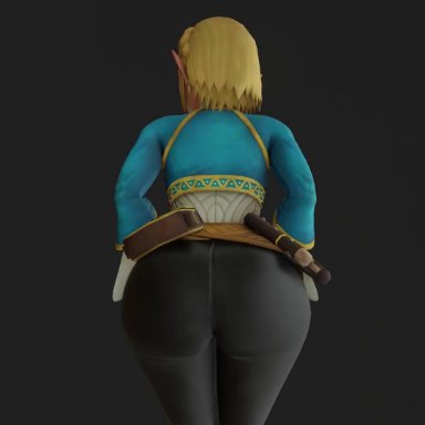 breath of the wild 2, the legend of zelda, princess zelda, zelda (breath of the wild), kishi, 1girls, ass, ass focus, ass shake, blonde hair, from behind, huge ass, jiggle, pants, pointy ears