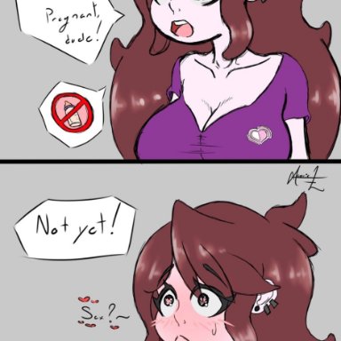 jaiden animations, jaidenanimations, youtube, jaiden, maoricl, annoyed, annoyed expression, blush, brown hair, heart, heart-shaped pupils, imminent impregnation, imminent sex, dialogue, tagme