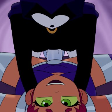 dc, dc comics, teen titans, raven, starfire, artist request, 1futa, balls, big penis, bottomless, breasts, clothed, clothing, duo, erection