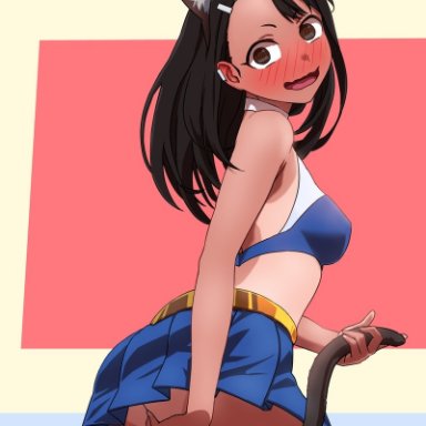 please don't bully me, nagatoro, hayase nagatoro, wokue, alternate costume, anal, anal object insertion, anal tail, animal ears, ass, bangs, blue background, blue skirt, blush, breasts, brown background