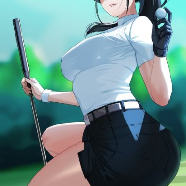 original character, big ass, black hair, golf, tight clothing, artist name