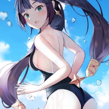 genshin impact, mihoyo, mona (genshin impact), t373412, as, female, light-skinned, light-skinned female, light skin, long hair, swimsuit, tied hair, twintails